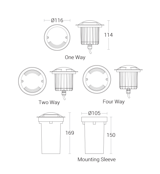In-Ground Luminaire - 1/2/4 Way - dimensional drawing